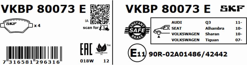 SKF VKBP 80073 E - Гальмівні колодки, дискові гальма autocars.com.ua