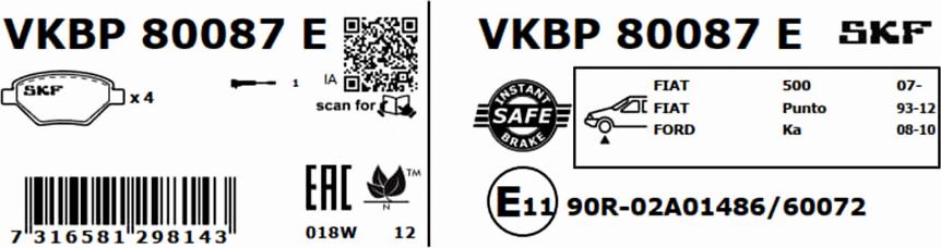 SKF VKBP 80087 E - Гальмівні колодки, дискові гальма autocars.com.ua