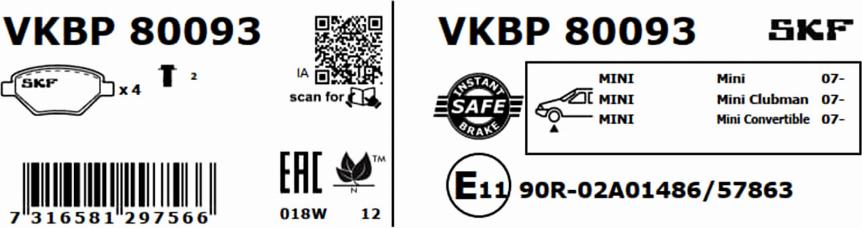 SKF VKBP 80093 - Гальмівні колодки, дискові гальма autocars.com.ua