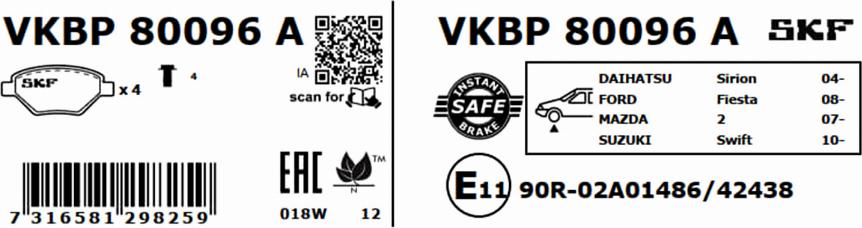 SKF VKBP 80096 A - Тормозные колодки, дисковые, комплект autodnr.net