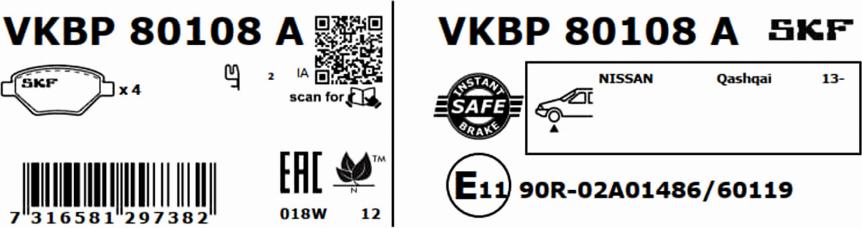 SKF VKBP 80108 A - Гальмівні колодки, дискові гальма autocars.com.ua