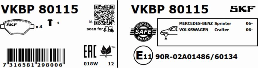 SKF VKBP 80115 - Гальмівні колодки, дискові гальма autocars.com.ua