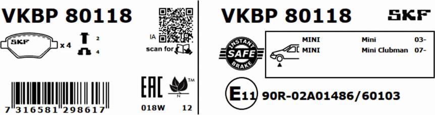 SKF VKBP 80118 - Гальмівні колодки, дискові гальма autocars.com.ua