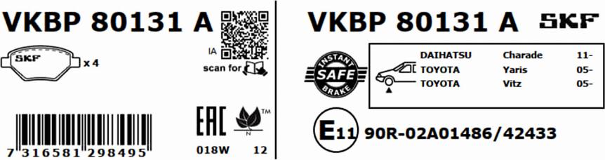 SKF VKBP 80131 A - Гальмівні колодки, дискові гальма autocars.com.ua