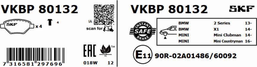 SKF VKBP 80132 - Гальмівні колодки, дискові гальма autocars.com.ua