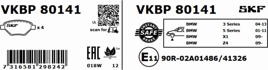 SKF VKBP 80141 - Гальмівні колодки, дискові гальма autocars.com.ua