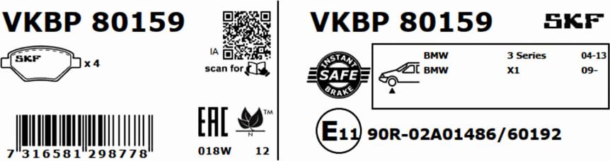 SKF VKBP 80159 - Гальмівні колодки, дискові гальма autocars.com.ua