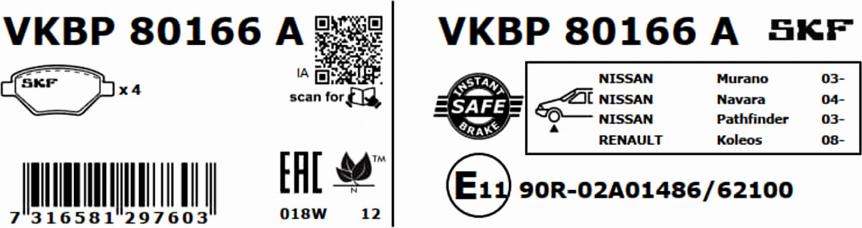 SKF VKBP 80166 A - Гальмівні колодки, дискові гальма autocars.com.ua