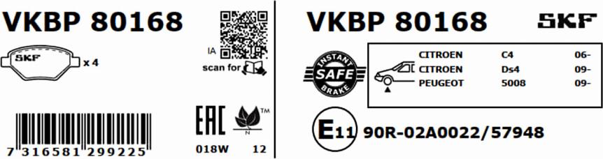 SKF VKBP 80168 - Гальмівні колодки, дискові гальма autocars.com.ua