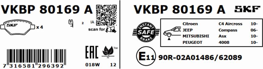 SKF VKBP 80169 A - Гальмівні колодки, дискові гальма autocars.com.ua