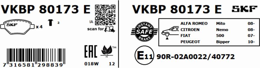 SKF VKBP 80173 E - Гальмівні колодки, дискові гальма autocars.com.ua