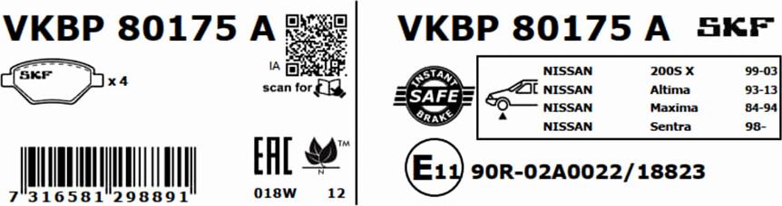SKF VKBP 80175 A - Гальмівні колодки, дискові гальма autocars.com.ua