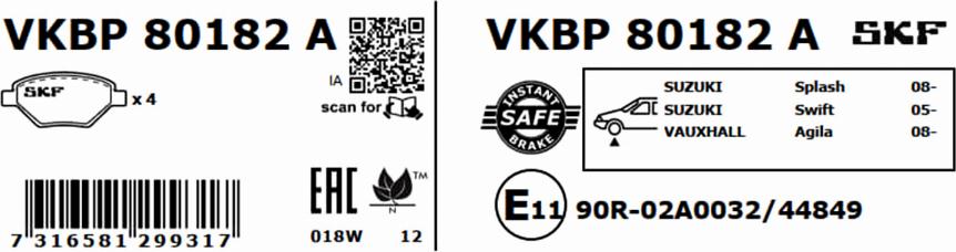 SKF VKBP 80182 A - Гальмівні колодки, дискові гальма autocars.com.ua