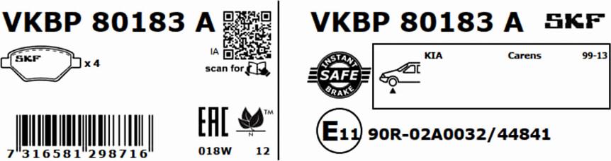 SKF VKBP 80183 A - Тормозные колодки, дисковые, комплект autodnr.net