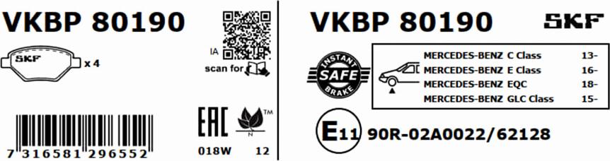 SKF VKBP 80190 - Тормозные колодки, дисковые, комплект avtokuzovplus.com.ua