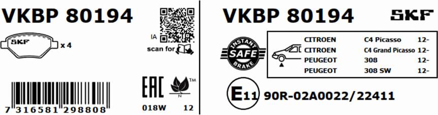 SKF VKBP 80194 - Гальмівні колодки, дискові гальма autocars.com.ua