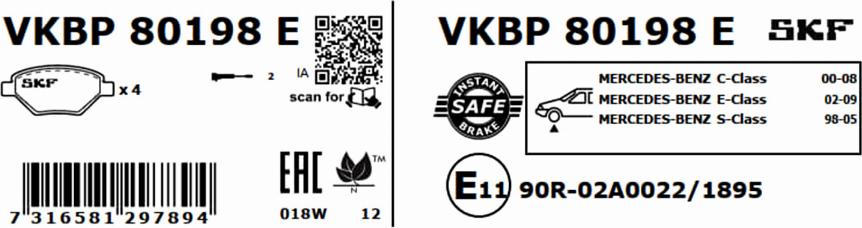 SKF VKBP 80198 E - Гальмівні колодки, дискові гальма autocars.com.ua
