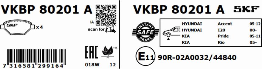 SKF VKBP 80201 A - Гальмівні колодки, дискові гальма autocars.com.ua