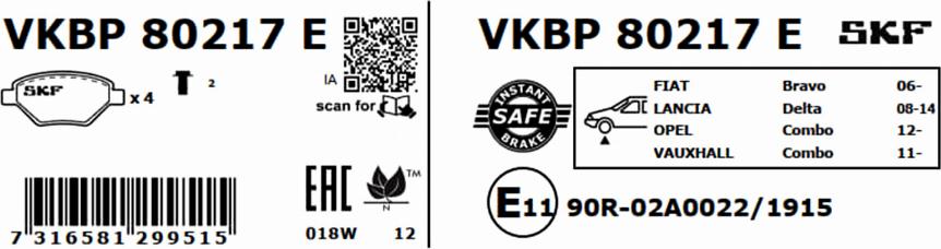 SKF VKBP 80217 E - Тормозные колодки, дисковые, комплект avtokuzovplus.com.ua