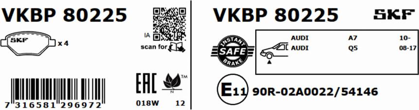 SKF VKBP 80225 - Гальмівні колодки, дискові гальма autocars.com.ua