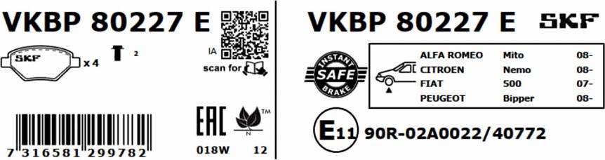 SKF VKBP 80227 E - Тормозные колодки, дисковые, комплект autodnr.net