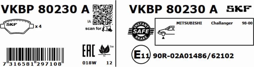 SKF VKBP 80230 A - Гальмівні колодки, дискові гальма autocars.com.ua