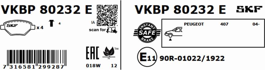 SKF VKBP 80232 E - Гальмівні колодки, дискові гальма autocars.com.ua