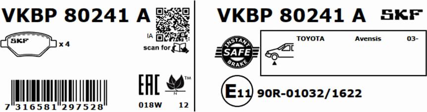 SKF VKBP 80241 A - Гальмівні колодки, дискові гальма autocars.com.ua