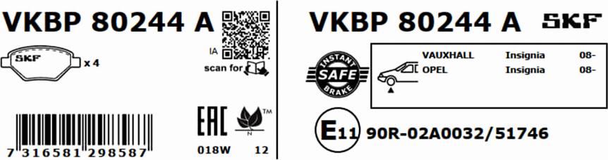 SKF VKBP 80244 A - Гальмівні колодки, дискові гальма autocars.com.ua