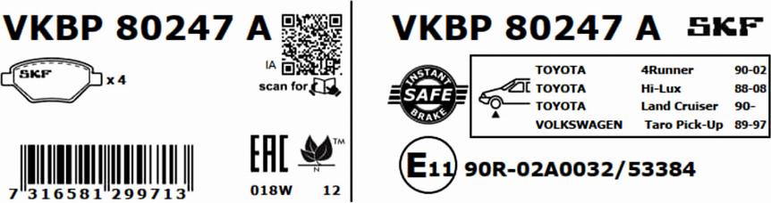 SKF VKBP 80247 A - Гальмівні колодки, дискові гальма autocars.com.ua