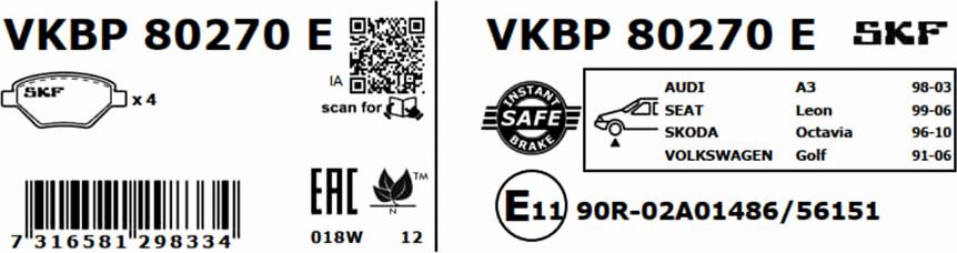 SKF VKBP 80270 E - Гальмівні колодки, дискові гальма autocars.com.ua