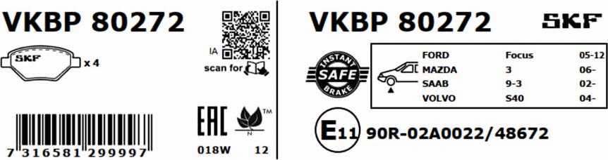 SKF VKBP 80272 - Гальмівні колодки, дискові гальма autocars.com.ua