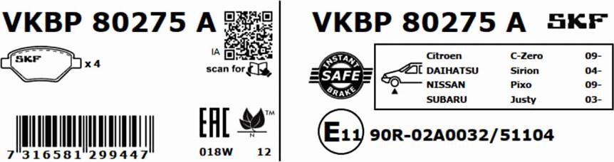 SKF VKBP 80275 A - Гальмівні колодки, дискові гальма autocars.com.ua