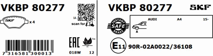 SKF VKBP 80277 - Тормозные колодки, дисковые, комплект avtokuzovplus.com.ua