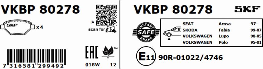 SKF VKBP 80278 - Тормозные колодки, дисковые, комплект autodnr.net