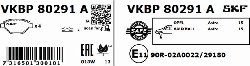 SKF VKBP 80291 A - Тормозные колодки, дисковые, комплект avtokuzovplus.com.ua