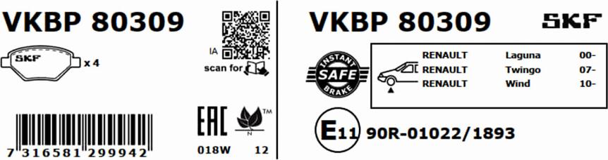 SKF VKBP 80309 - Гальмівні колодки, дискові гальма autocars.com.ua