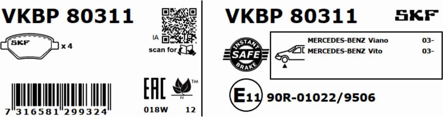 SKF VKBP 80311 - Гальмівні колодки, дискові гальма autocars.com.ua