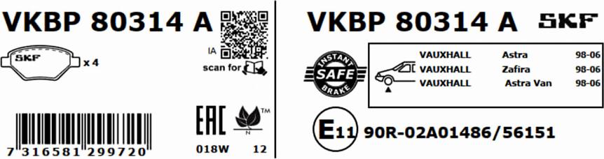 SKF VKBP 80314 A - Гальмівні колодки, дискові гальма autocars.com.ua