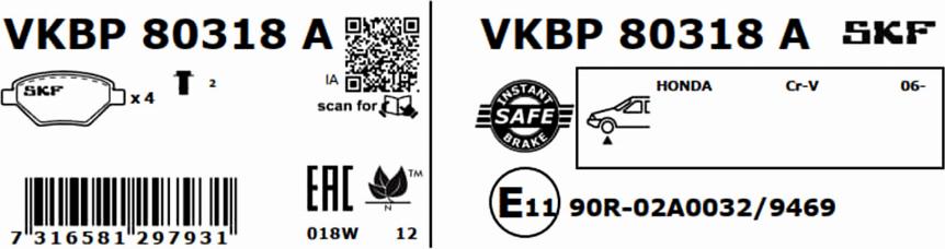 SKF VKBP 80318 A - Гальмівні колодки, дискові гальма autocars.com.ua