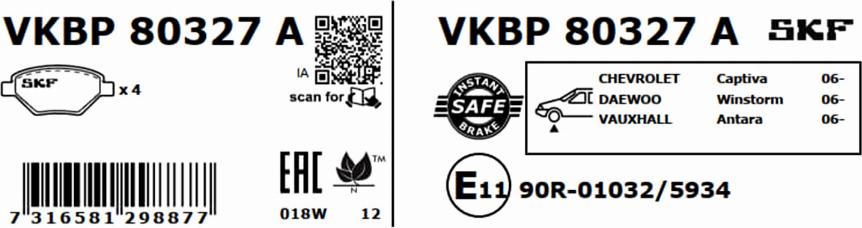 SKF VKBP 80327 A - Гальмівні колодки, дискові гальма autocars.com.ua
