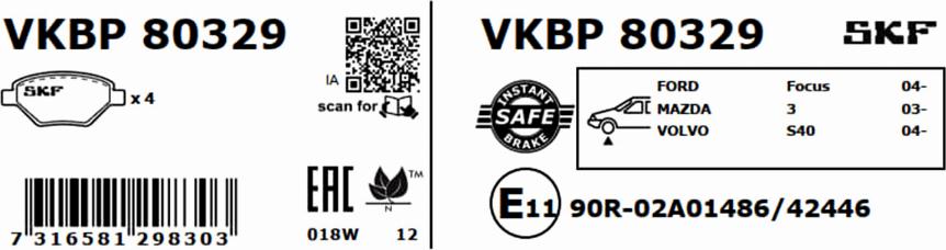 SKF VKBP 80329 - Гальмівні колодки, дискові гальма autocars.com.ua