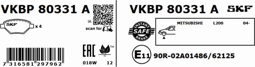 SKF VKBP 80331 A - Тормозные колодки, дисковые, комплект avtokuzovplus.com.ua