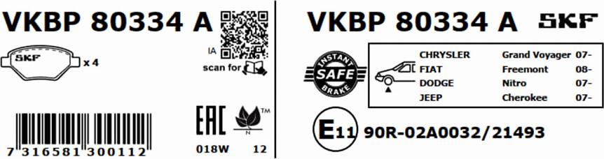 SKF VKBP 80334 A - Гальмівні колодки, дискові гальма autocars.com.ua