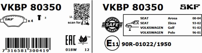 SKF VKBP 80350 - Тормозные колодки, дисковые, комплект autodnr.net