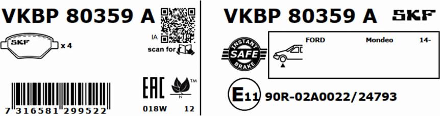 SKF VKBP 80359 A - Гальмівні колодки, дискові гальма autocars.com.ua