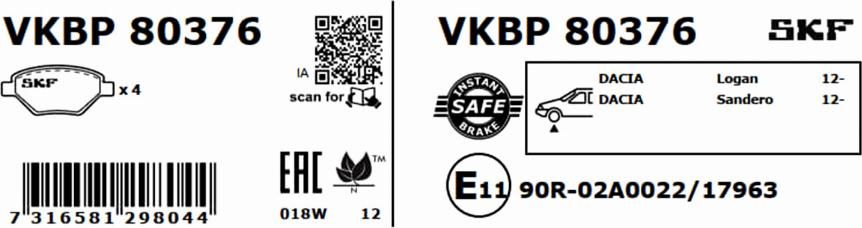 SKF VKBP 80376 - Гальмівні колодки, дискові гальма autocars.com.ua