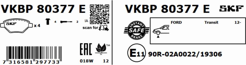 SKF VKBP 80377 E - Гальмівні колодки, дискові гальма autocars.com.ua