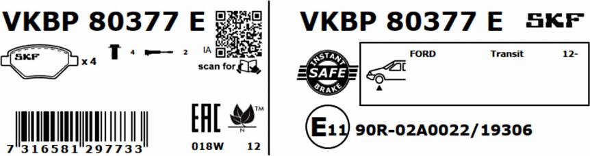 SKF VKBP 80377 E - Тормозные колодки, дисковые, комплект avtokuzovplus.com.ua