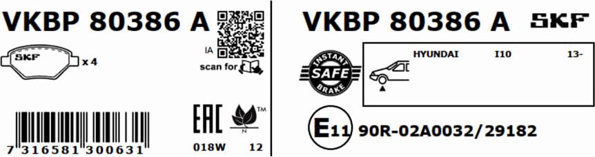 SKF VKBP 80386 A - Гальмівні колодки, дискові гальма autocars.com.ua